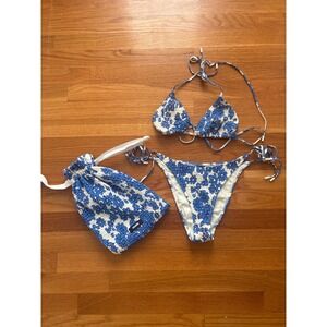 TRIANGL Floral Smocked‎ Bikini Swimsuit Blue White XLarge With Pouch